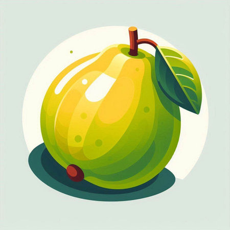 Vector illustration of a green pear with leaves on a light background.のイラスト素材