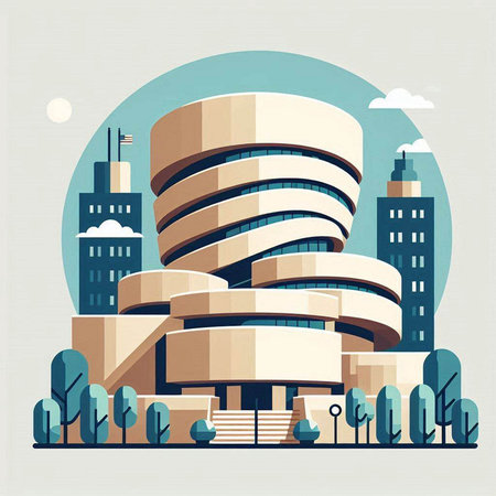 Modern building on the background of the city. Vector illustration in flat style.のイラスト素材