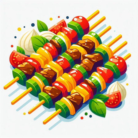Illustration of grilled vegetables on skewers on a white background.のイラスト素材