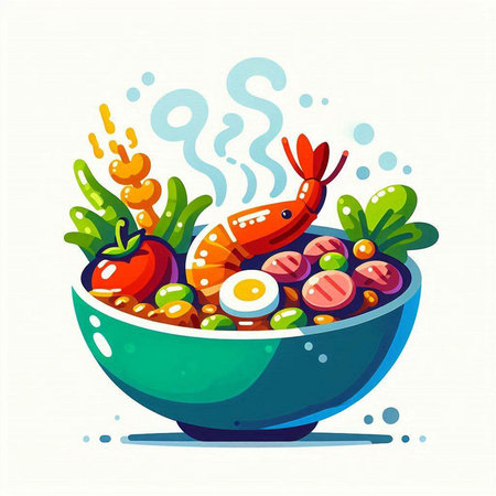 Vegetable salad with shrimps in a bowl. Vector illustration.のイラスト素材