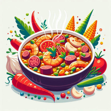 Illustration of a bowl of vegetable soup with sausages and vegetablesのイラスト素材