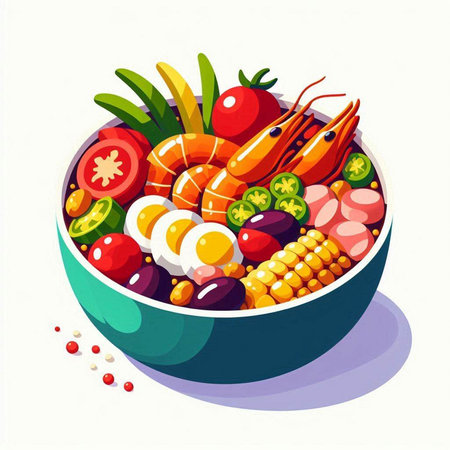 Vegetable salad with shrimps in bowl. Vector illustration.のイラスト素材