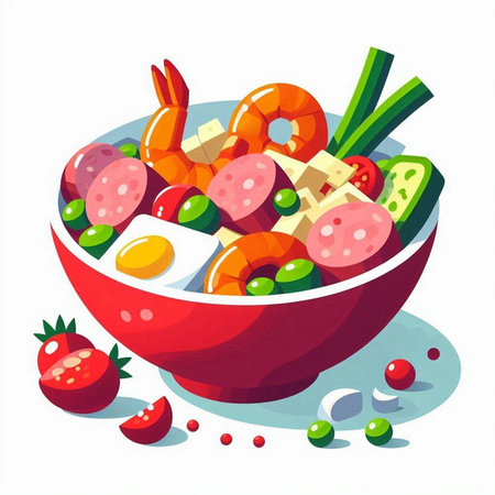 Salad with shrimps and vegetables in a bowl. Vector illustration.のイラスト素材