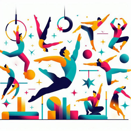 Vector illustration of people doing gymnastics in a flat style. Illustration for your design.のイラスト素材
