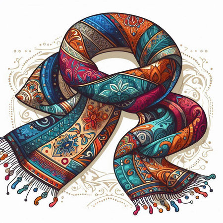 illustration of a colorful scarf with ethnic ornaments on white backgroundのイラスト素材