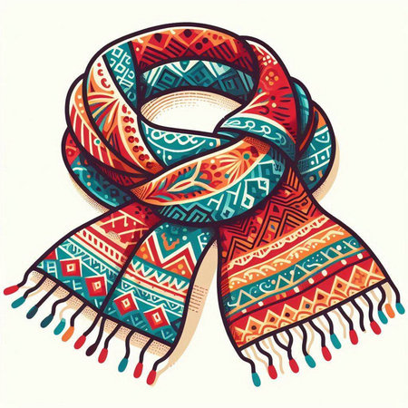 Vector illustration of colorful hand-drawn scarf in ethnic style on white backgroundのイラスト素材