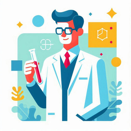 Scientist with test tube and flask. Vector illustration in flat styleのイラスト素材