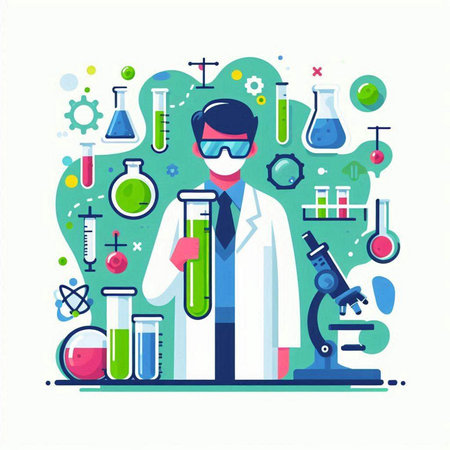 Scientist in laboratory. Vector illustration in flat style for web design or print.のイラスト素材