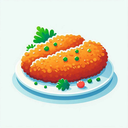 Crispy fried chicken cutlet on a plate. Vector illustration.のイラスト素材