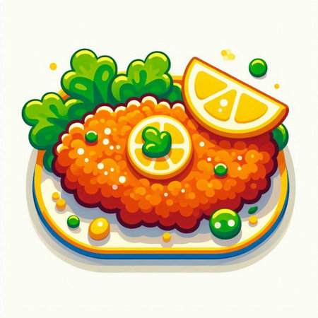 Illustration of salmon caviar with lemon and green peas on white backgroundのイラスト素材
