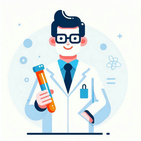 Scientist in lab coat holding test tube. Vector illustration in flat styleのイラスト素材
