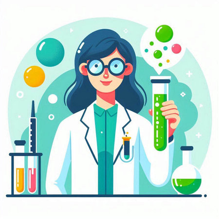 Scientist woman working in laboratory. Vector illustration in flat style.のイラスト素材