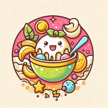Cute cartoon ice cream character in a bowl. Vector illustration.のイラスト素材