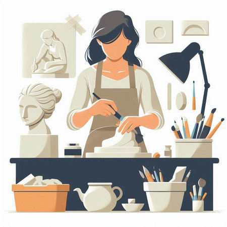 Woman working in pottery workshop. Art and craft concept. Vector illustrationのイラスト素材