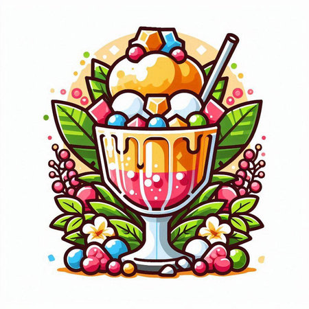 Colorful ice cream in a glass with berries and sweets. Vector illustration.のイラスト素材
