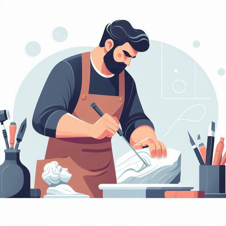 Craftsman working in his workshop. Vector illustration in cartoon styleのイラスト素材