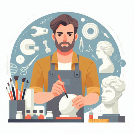 Man working in the art studio. Vector illustration in flat style.のイラスト素材