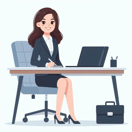 Businesswoman sitting at the desk and working with laptop. Vector illustration.のイラスト素材
