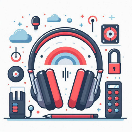 Vector illustration of headphones, smartphone, gamepad, microphone, speaker. Headphones set.のイラスト素材