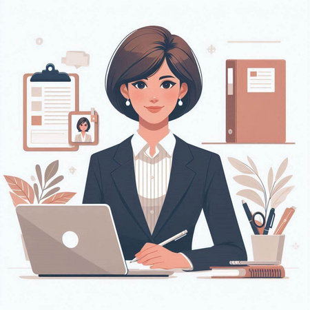 Business woman working at office. Vector illustration in flat cartoon style.のイラスト素材