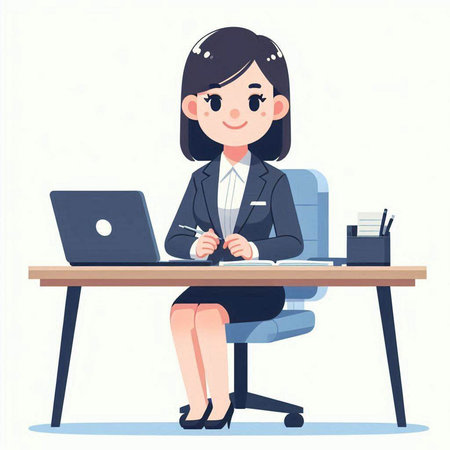 Young business woman working at the office. Vector illustration in cartoon style.のイラスト素材