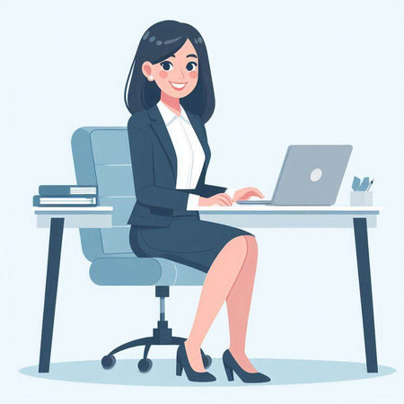 Businesswoman sitting at the desk with laptop. Vector illustration in cartoon style.のイラスト素材