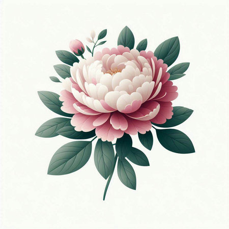 Peony flower with green leaves on white background. Vector illustration.のイラスト素材