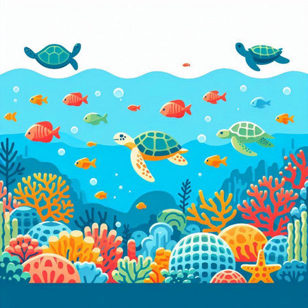Underwater scene with sea animals and fish. Vector illustration in cartoon style.のイラスト素材