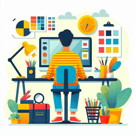 Man working on computer at home office. Vector illustration in flat styleのイラスト素材