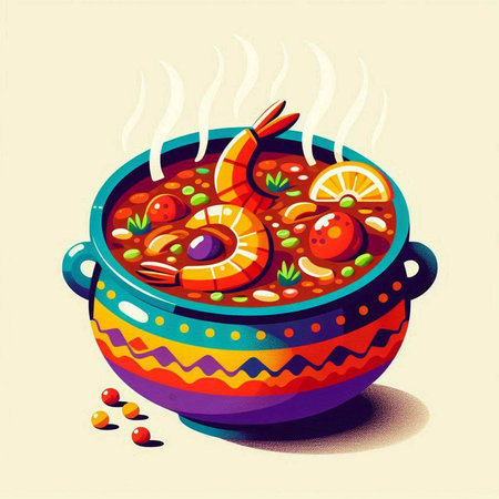 Illustration of a bowl of spicy soup with shrimps and shrimpのイラスト素材