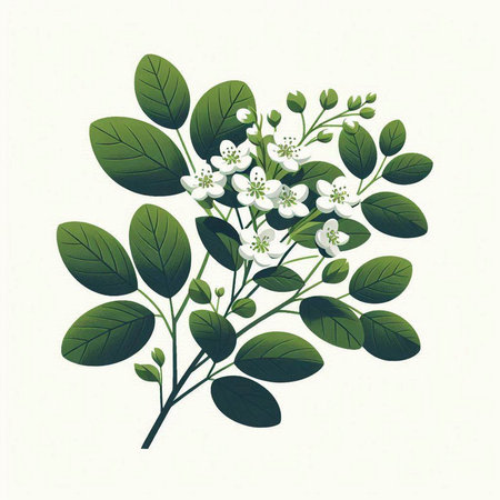 Vector illustration of a branch with white flowers on a white background.のイラスト素材