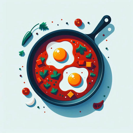 Fried eggs in a frying pan with vegetables. Vector illustration.のイラスト素材
