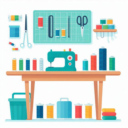 Sewing tools. Sewing machine, scissors, pins, tape measure, fabric and other accessories. Vector illustrationのイラスト素材