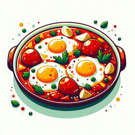 Shakshuka. Fried eggs in a frying pan. Vector illustration.のイラスト素材