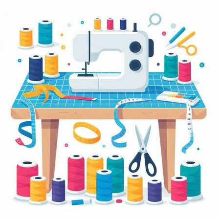Sewing machine with threads, scissors and measuring tape. Sewing accessories. Vector illustrationのイラスト素材