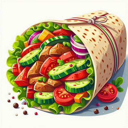 Illustration of a tortilla wrap with lettuce, tomato and onionのイラスト素材