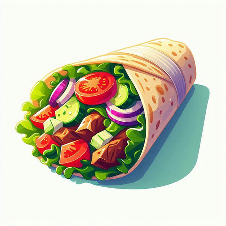 Vector illustration of a tortilla wrap with fresh vegetables and meat.のイラスト素材