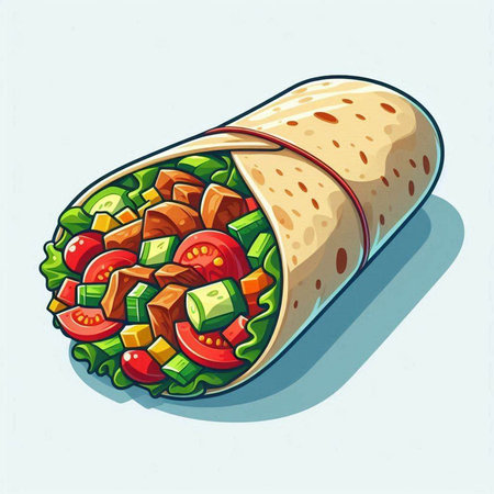 Tortilla wrap with meat and vegetables. Vector illustration in cartoon style.のイラスト素材