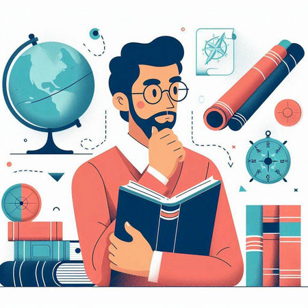 Vector illustration of a young man in glasses reading a book. Education conceptのイラスト素材