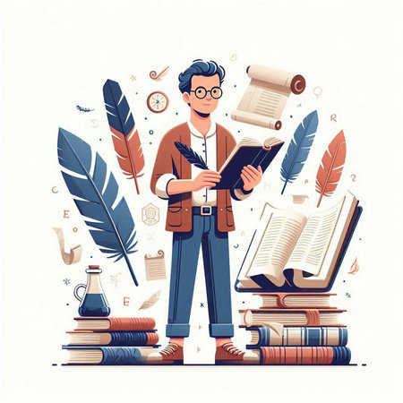 Vector illustration of a man with a book in his hands. Education concept.のイラスト素材
