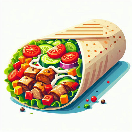 Illustration of kebab with vegetables in a tortilla wrapのイラスト素材