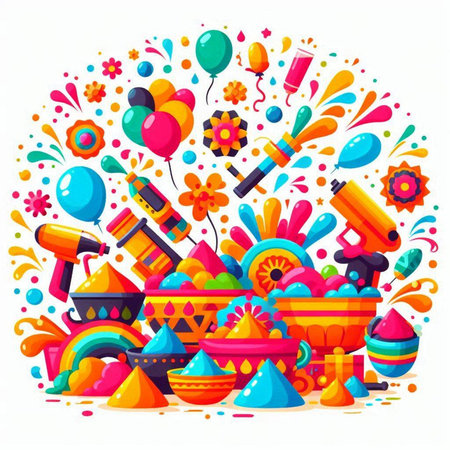 Colorful vector illustration of Indian festival Holi. Colorful background with decorative elements.のイラスト素材