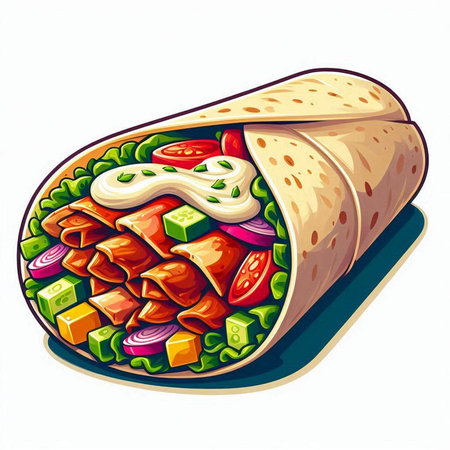 Illustration of a tortilla with meat, vegetables and sauce.のイラスト素材