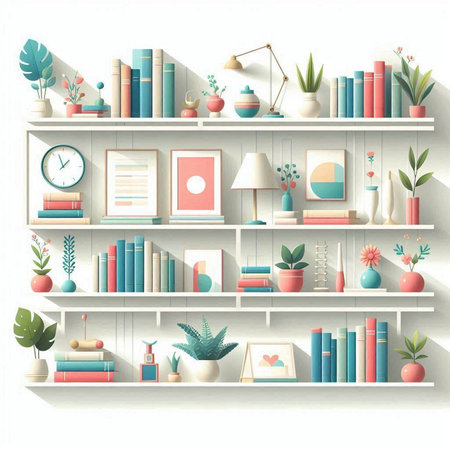 Bookshelf with books and decorations in flat style. Vector illustration.のイラスト素材