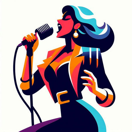 Singer girl with microphone. Vector illustration of a singer in pop art style.のイラスト素材