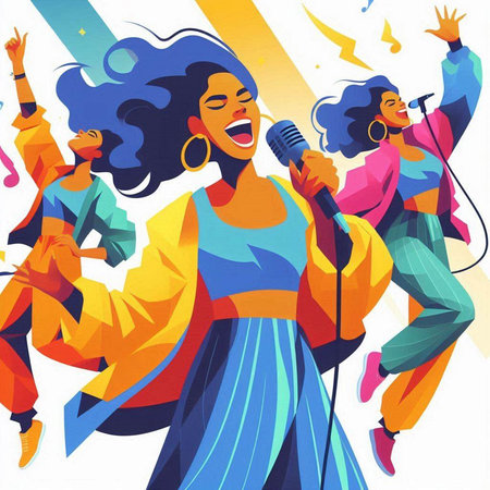 Vector illustration of a group of young people singing and having fun.のイラスト素材