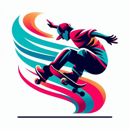 Vector illustration of a skateboarder jumping on a colorful background.のイラスト素材