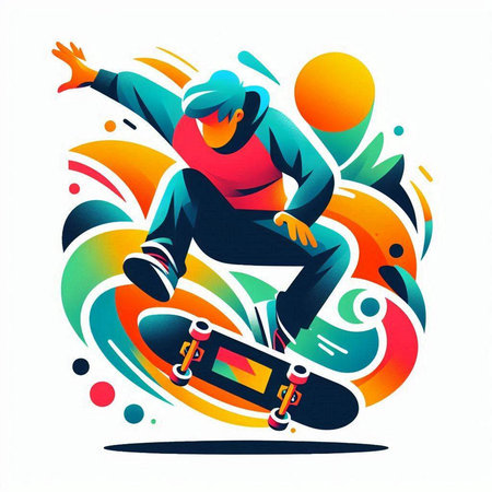Vector illustration of a skateboarder riding on a colorful background.のイラスト素材