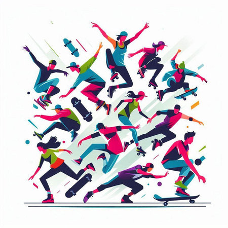 Skateboarders silhouettes. Skateboarding extreme sport vector illustration.のイラスト素材