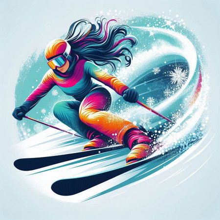 Vector illustration of a girl skier skiing in the mountains, winter sports.のイラスト素材